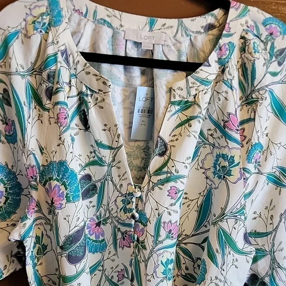 Loft-Linen iv, teal pink, print dress. Short sleeves. XLP. NWT.